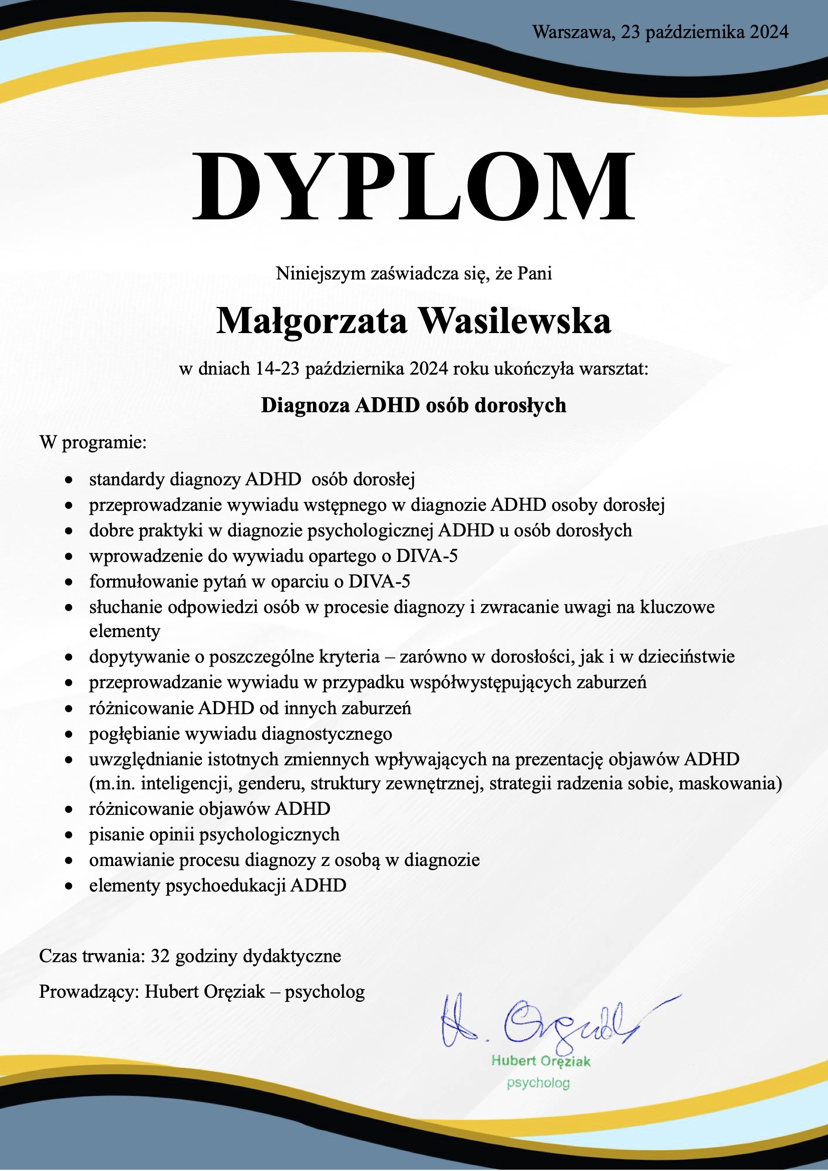 Dyplom ukończenia studiów magisterskich — Psychologia kliniczna, Akademia WSB Dąbrowa Górnicza, 2025