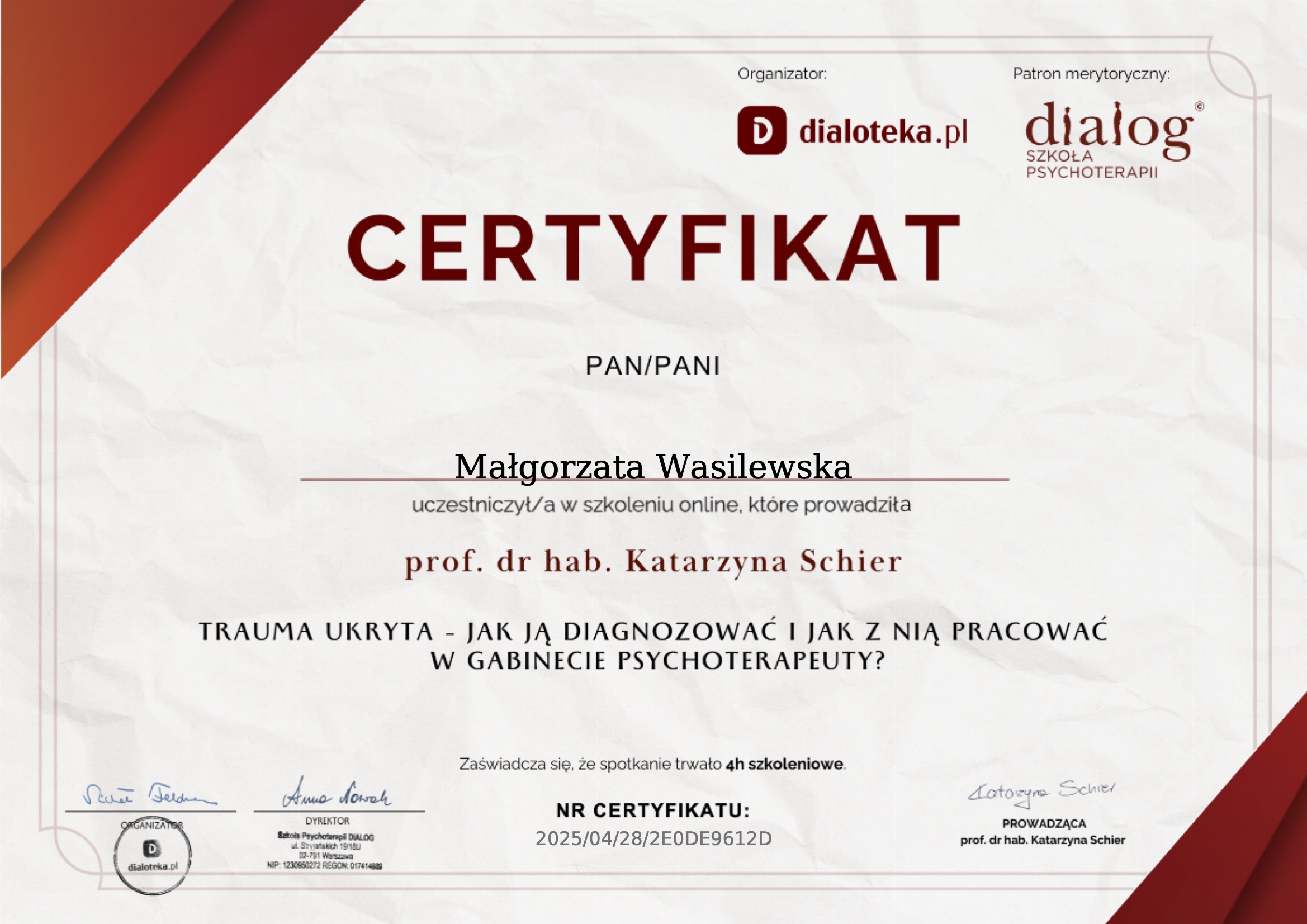 Zaświadczenie nr 019/09/2006 — Problemy psychologiczne, socjalne i etyczne w opiece paliatywnej, Zakład Medycyny Paliatywnej Akademii Medycznej w Gdańsku