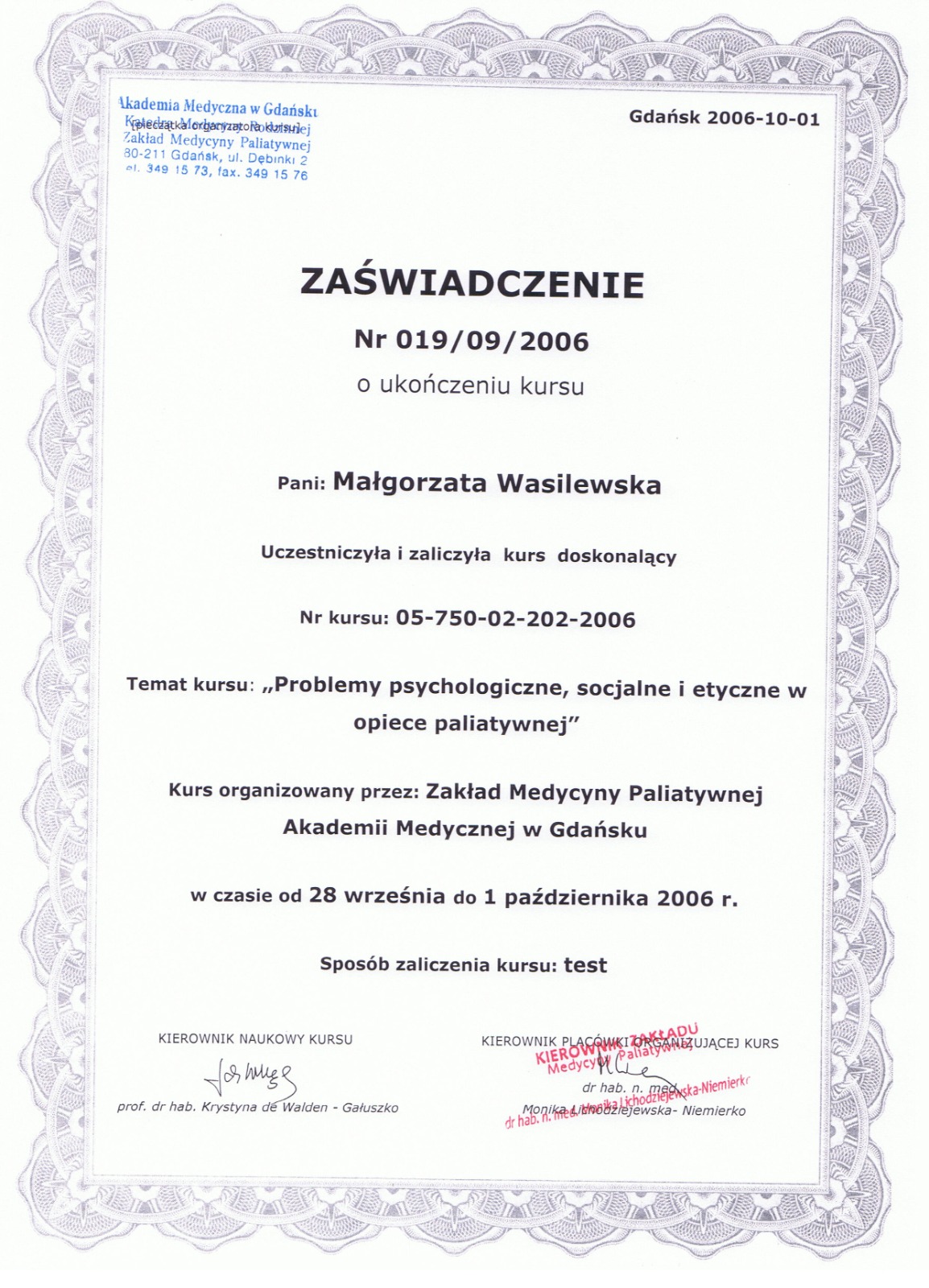 Certyfikat — Pomoc psychologiczna osobom ze społeczności LGBT+, III edycja, WSB National Louis University, 23 godziny, 2026