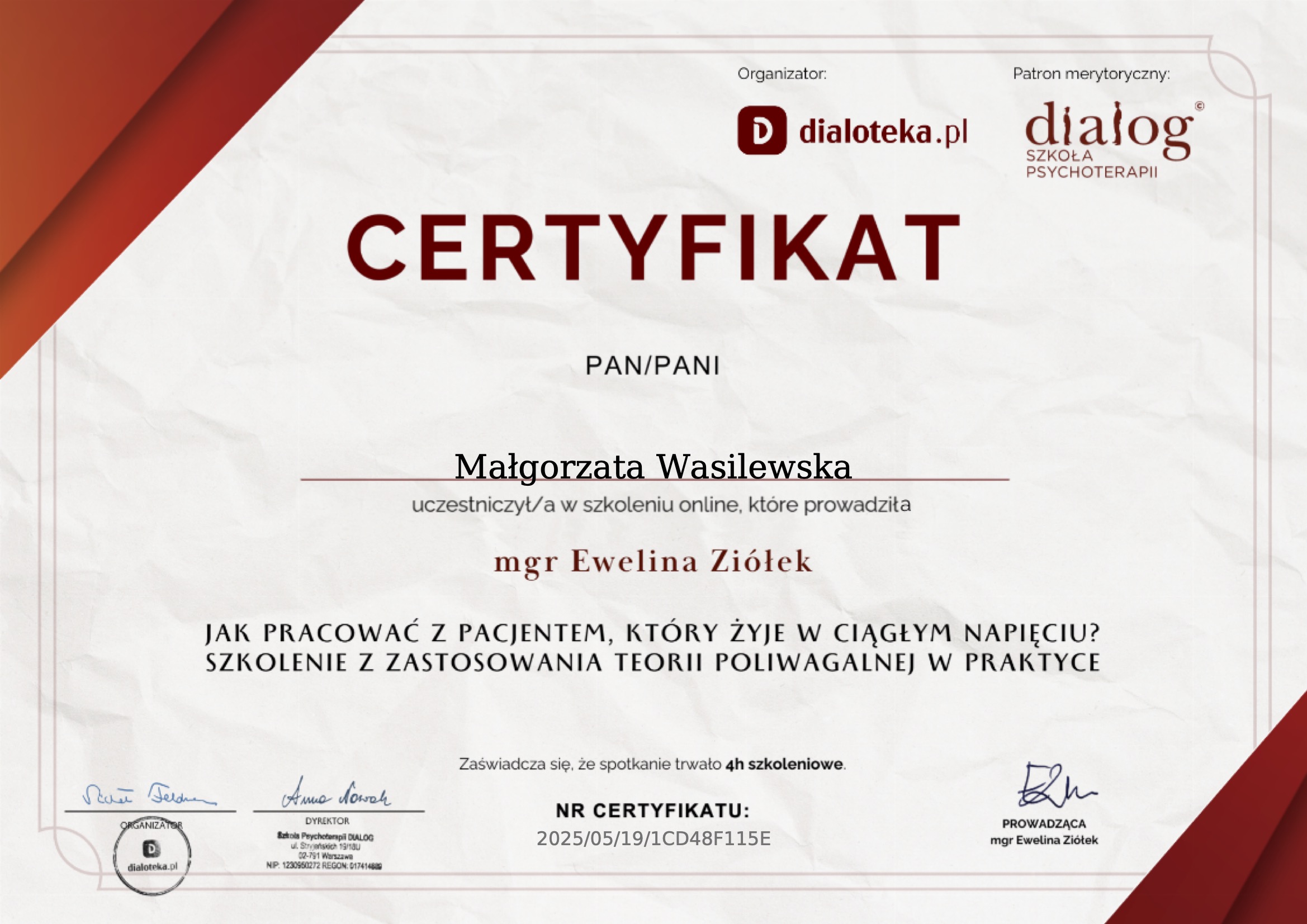 Certyfikat — Trauma ukryta: diagnozowanie i praca w gabinecie psychoterapeuty, prof. dr hab. Katarzyna Schier, Dialoteka & Dialog Szkoła Psychoterapii, 2025